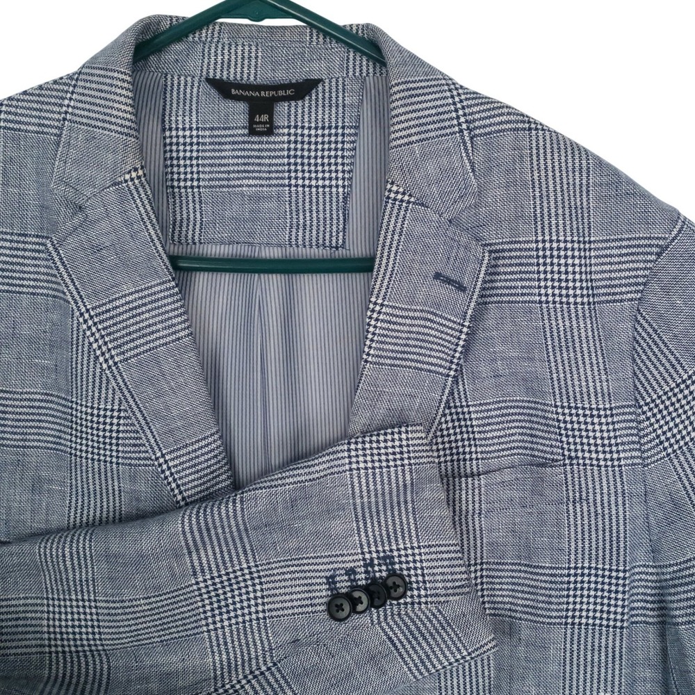 Banana Republic Blazer Mens 44R Blue Glen Check Plaid Tailored Linen Blend READ